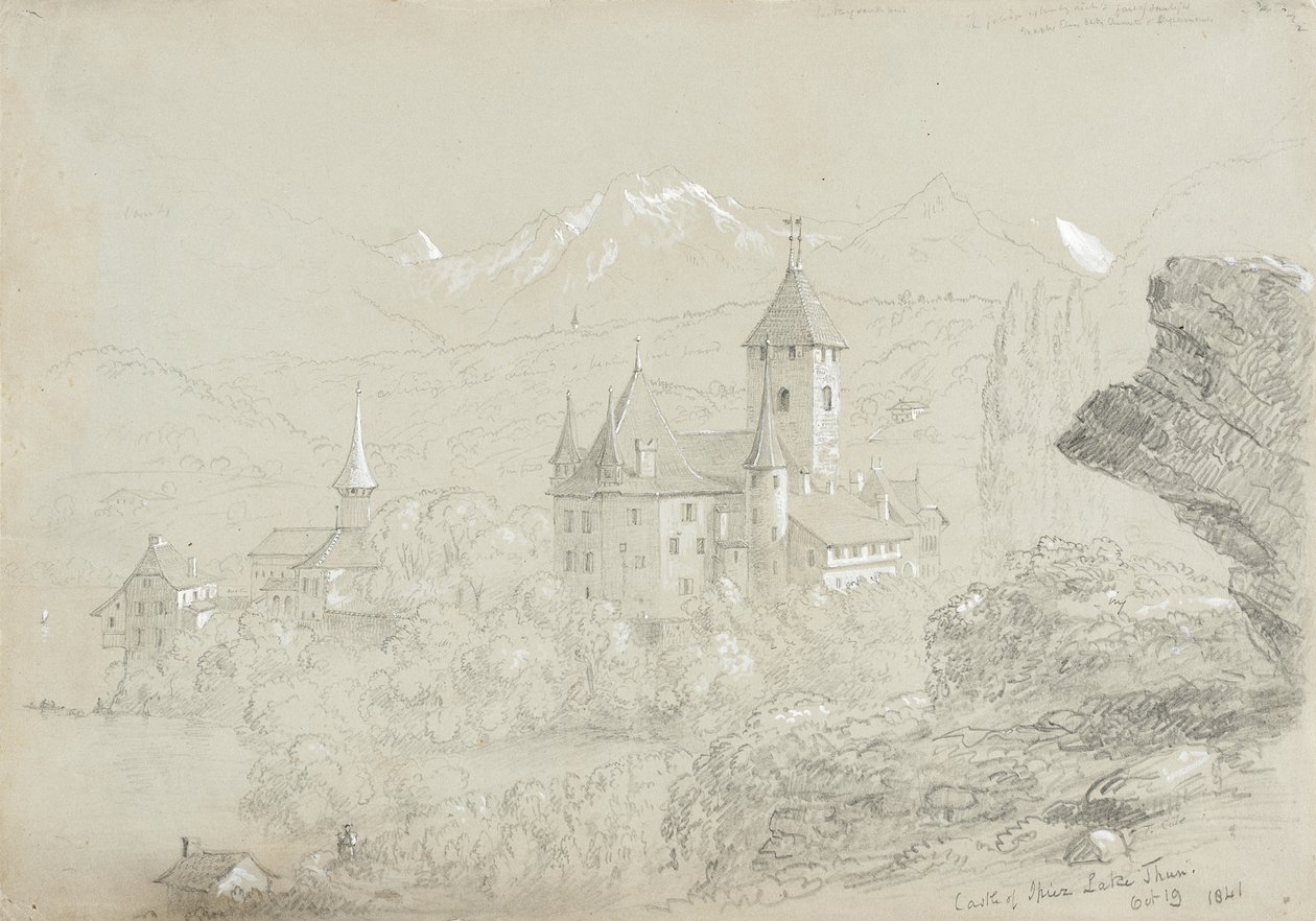 Spiez Kalesi, 1841 (gri-yeşil kağıt üzerine kurşun kalem ve guaj boya) by Thomas Cole