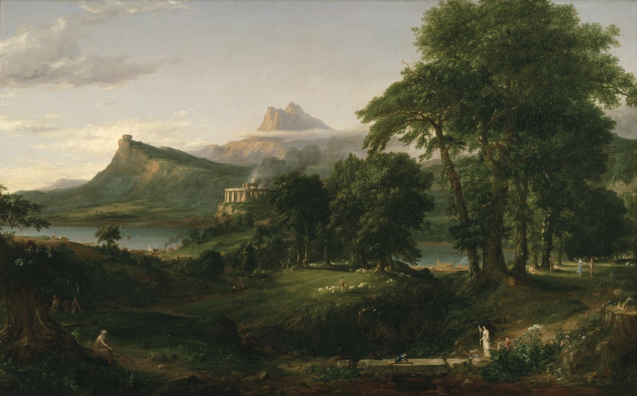 İmparatorluğun Seyri: Arkadyalı veya Pastoral Devlet, 1836 dolayları (tuval üzerine yağlı boya) by Thomas Cole