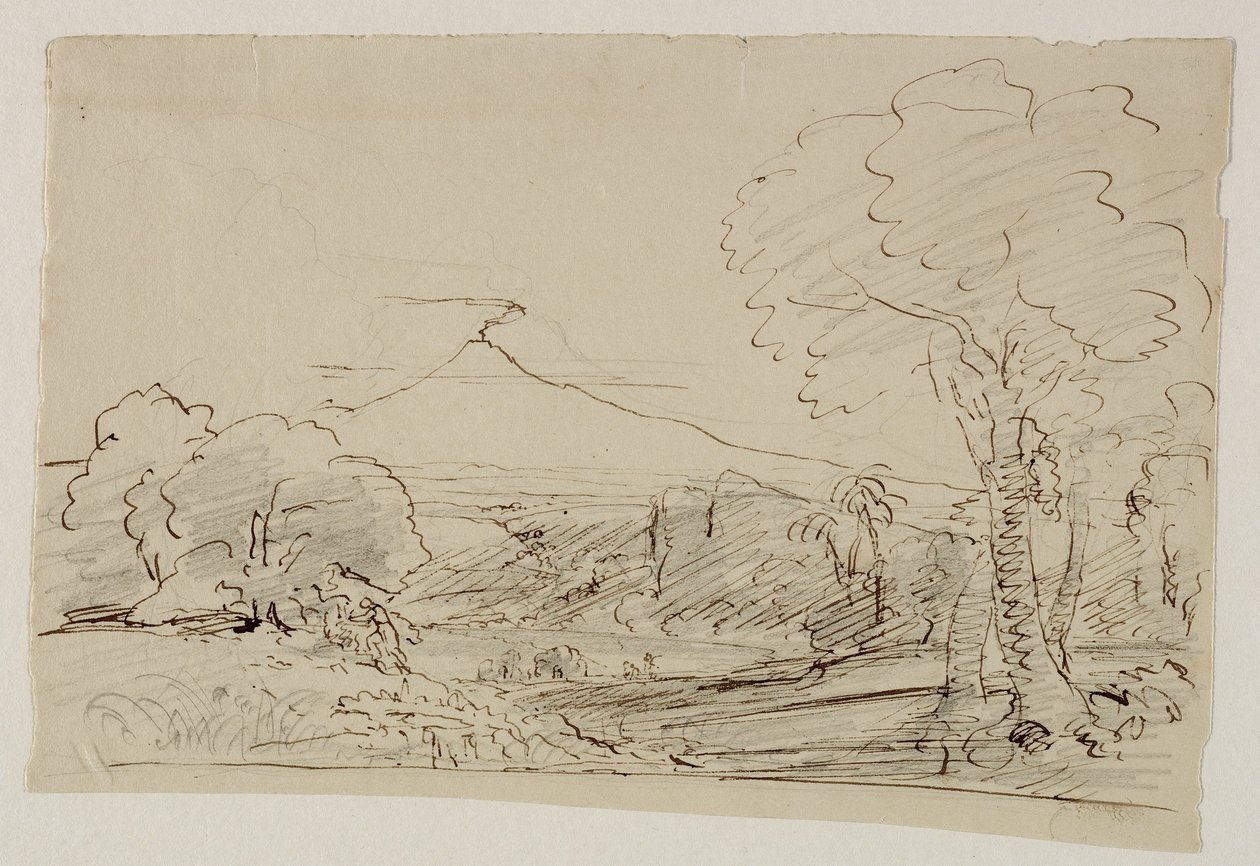 Volkan, Göl, Figür Avcılığı, 1846-47 (kağıt üzerinde kalem ve mürekkeple kalem) by Thomas Cole