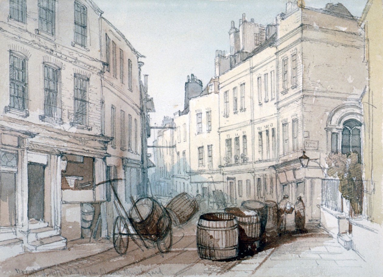 Bread Street Hill ve St Nicholas Olave Churchyard, Londra Şehri, c1850 by Thomas Colman Dibdin