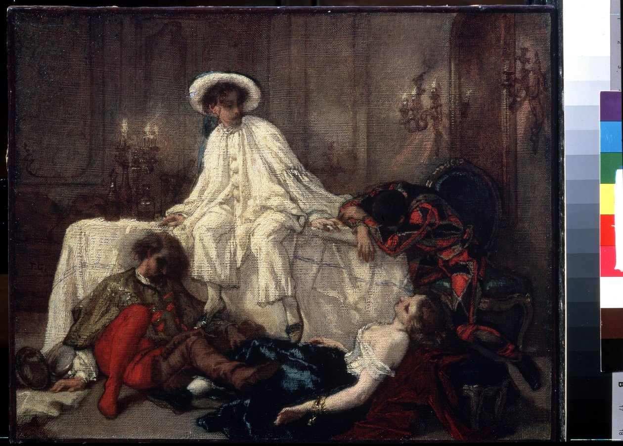 ""Maskeli balodan sonra"" (Maskeli balodan sonra) Partinin sonu, hareketli bir akşamın sonunda kılık değiştirmiş dört karakter çöktü veya gerindi. 1850 dolaylarında Thomas Couture (1815-1879) tarafından yapılan resim Puşkin Müzesi, Moskova by Thomas Couture