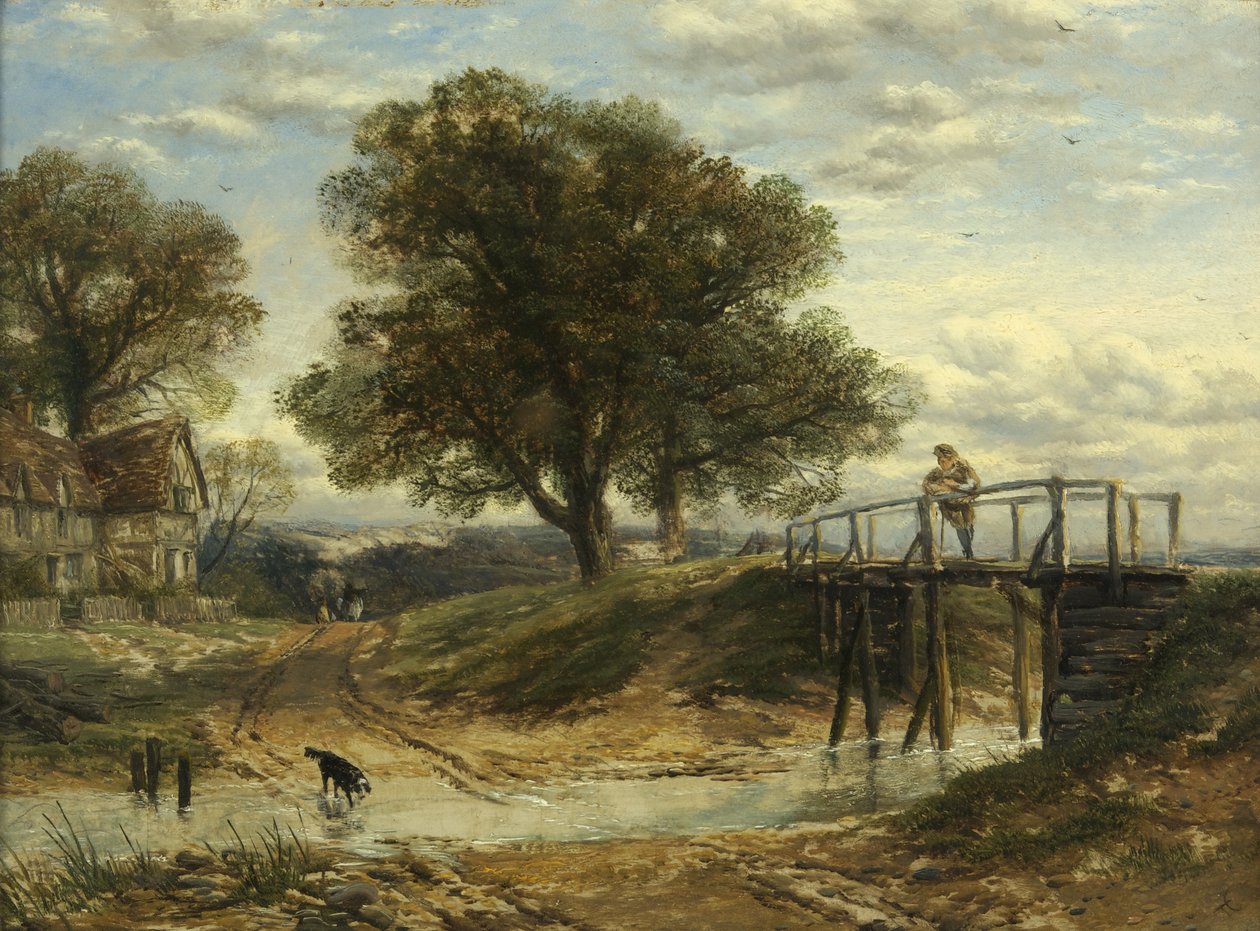 Dere, Köprü ve Kulübe ile Peyzaj (panelde yağ) by Thomas Creswick