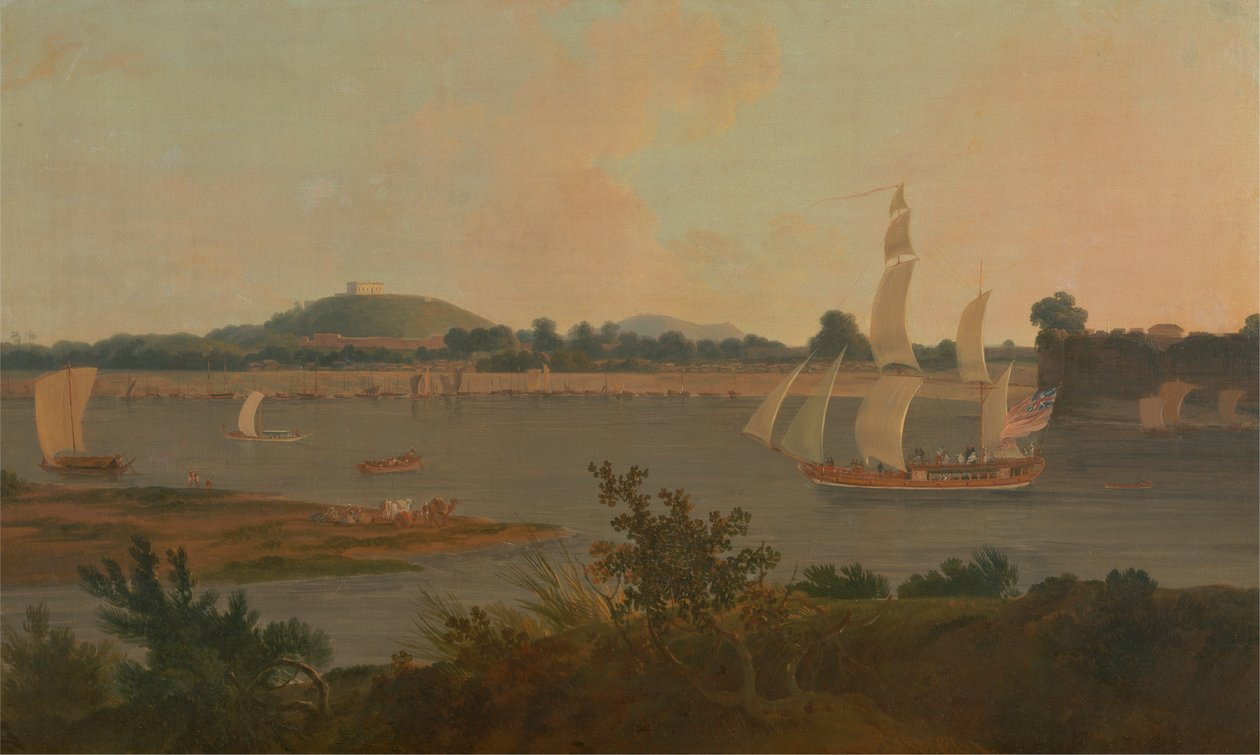 Monghyr Kalesi'ni geçerek Ganj'dan aşağı yelken açan Pinnace by Thomas Daniell