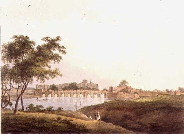 H. Merke (fl.1800-20) pub tarafından oyulmuş Juonpore, Bengal'deki Köprü. Edward Orme (1774-c.1820) 1804 (lito) tarafından by Thomas Daniell