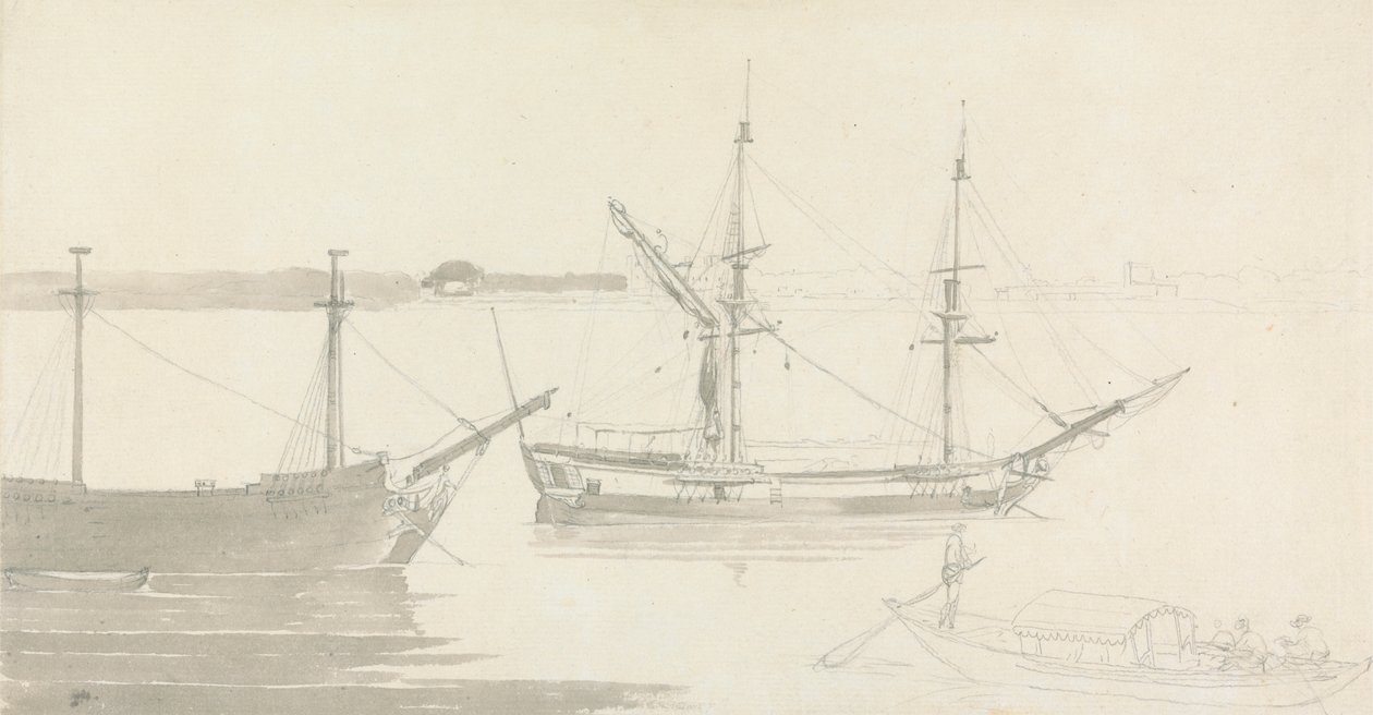 İki Demirli Gemi ve Bir Balıkçı Teknesi by Thomas Daniell