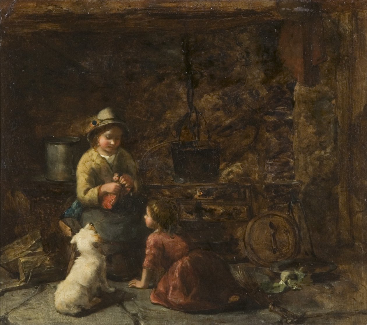 İki Çocuklu Kulübe İçi, 1850 dolayları (karton üzerine yağlı boya) by Thomas Faed