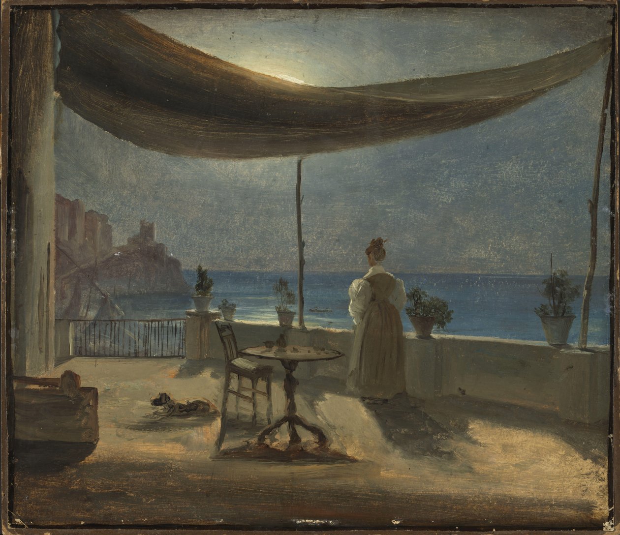 Amalfi'de Ay Işığında Bir Teras, 1834 dolayları (gemiye monte edilmiş kağıt üzerine yağlı boya) by Thomas Fearnley
