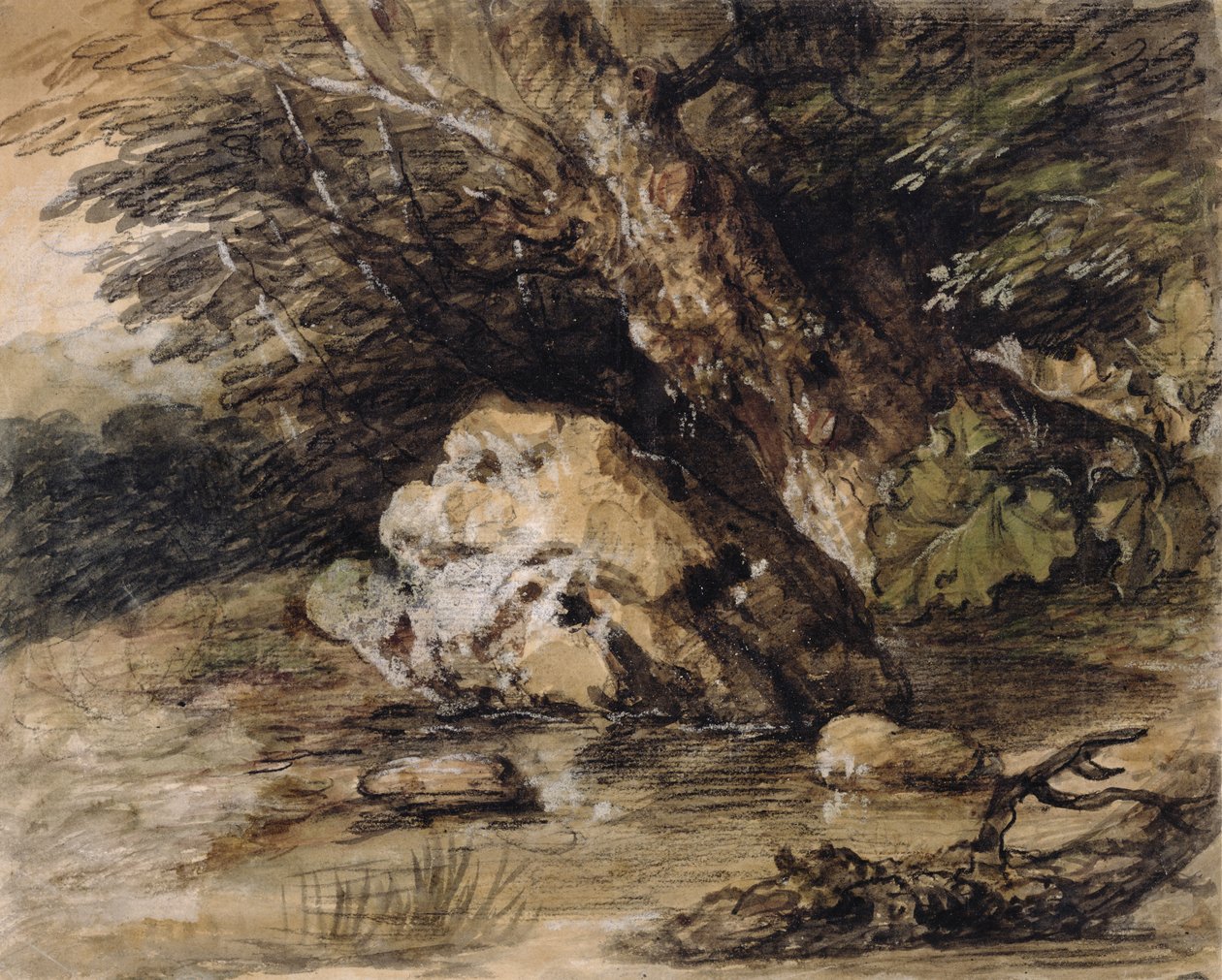 Köprüye Yaklaşan Figürlerle Tepelik Bir Manzara, c.1763 (kağıt üzerine wc ve guaj boya) by Thomas Gainsborough