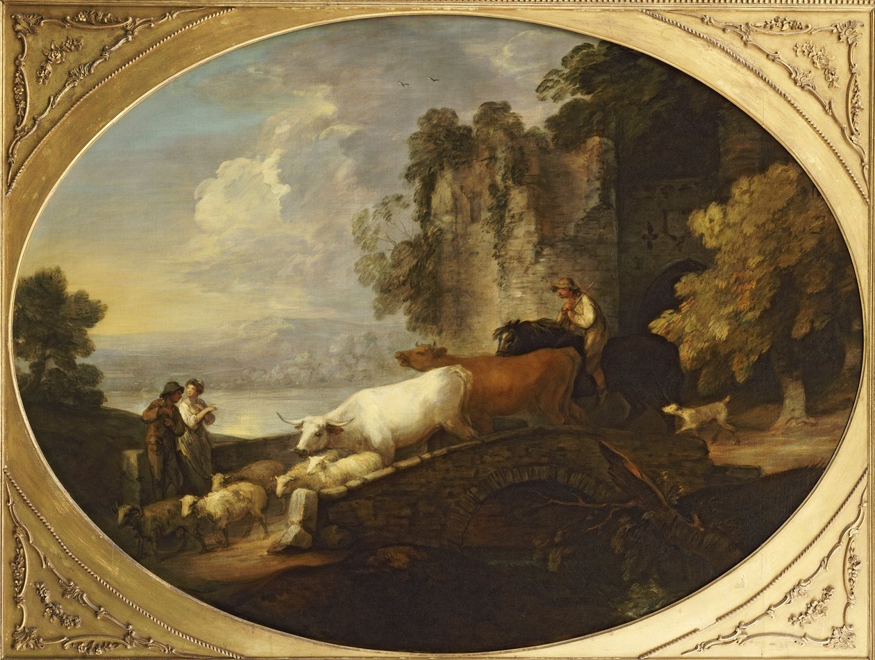 Rustik Aşıklar ile Bir Nehir Manzarası, Ötesinde Harabe Bir Kale ile Bir Köprü Üzerinde Sığır ve Koyun Süren Atlı Bir Çoban by Thomas Gainsborough