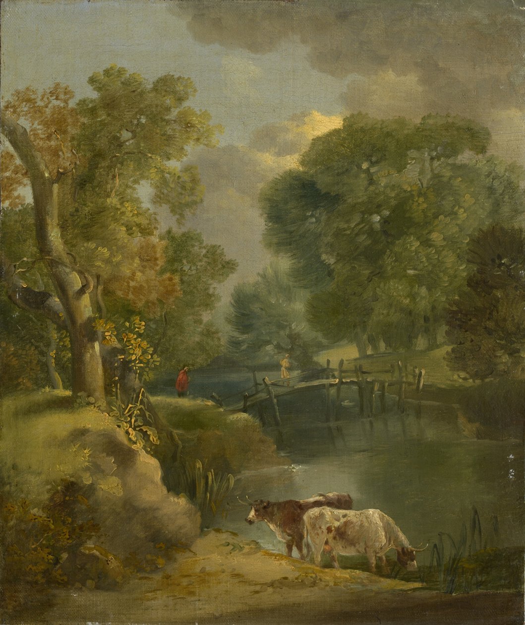 İki İnek ve Köprüde Bir Figür ile Bir Nehir Manzarası, 18. yüzyıl by Thomas Gainsborough