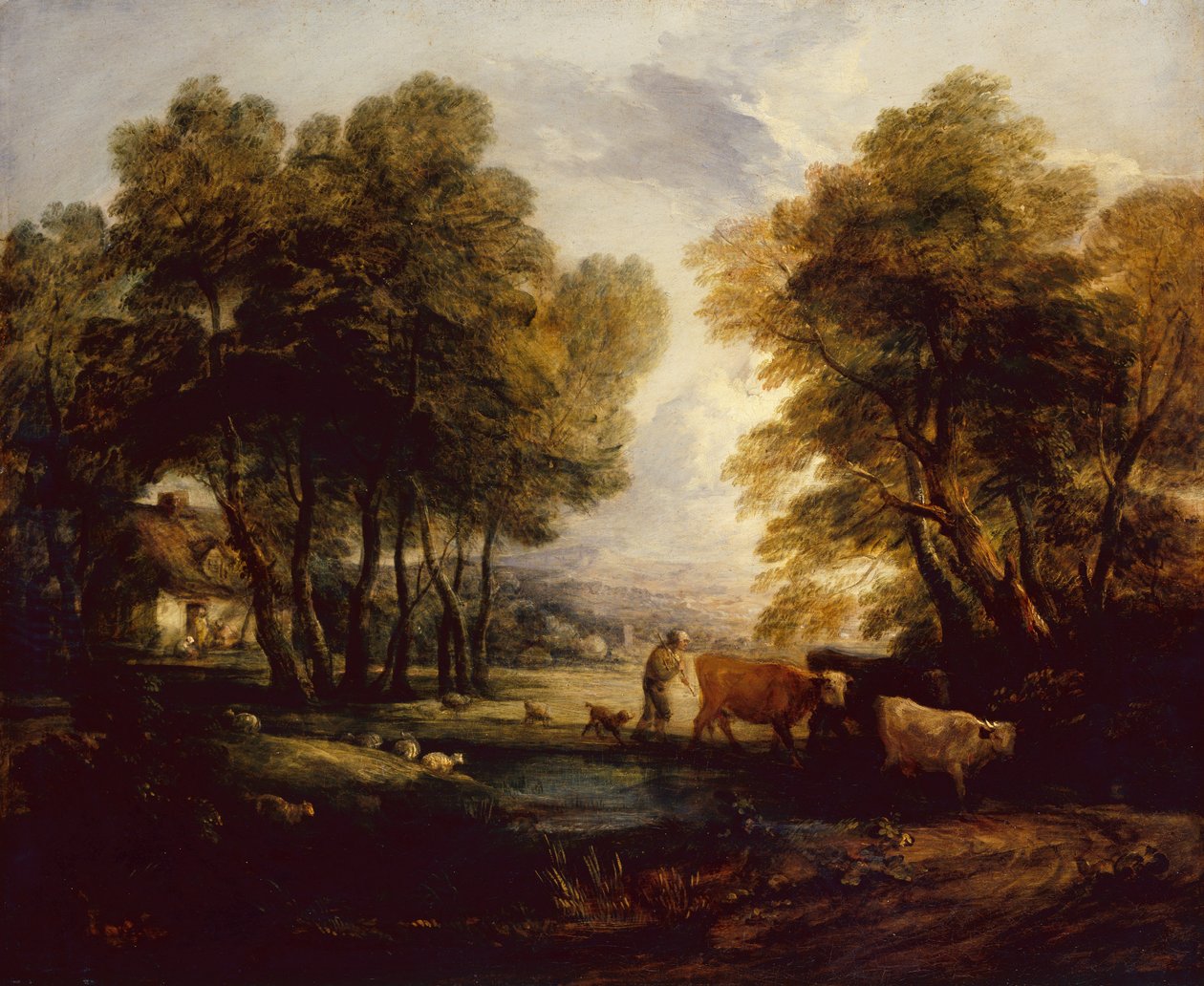 Bir Havuzun Yanında Çoban, İnekler ve Koyunlarla Ormanlık Bir Peyzaj (petrol) by Thomas Gainsborough
