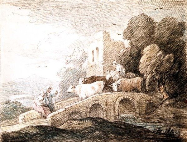 Üzerinden sığırların geçtiği bir köprü (çizim) by Thomas Gainsborough