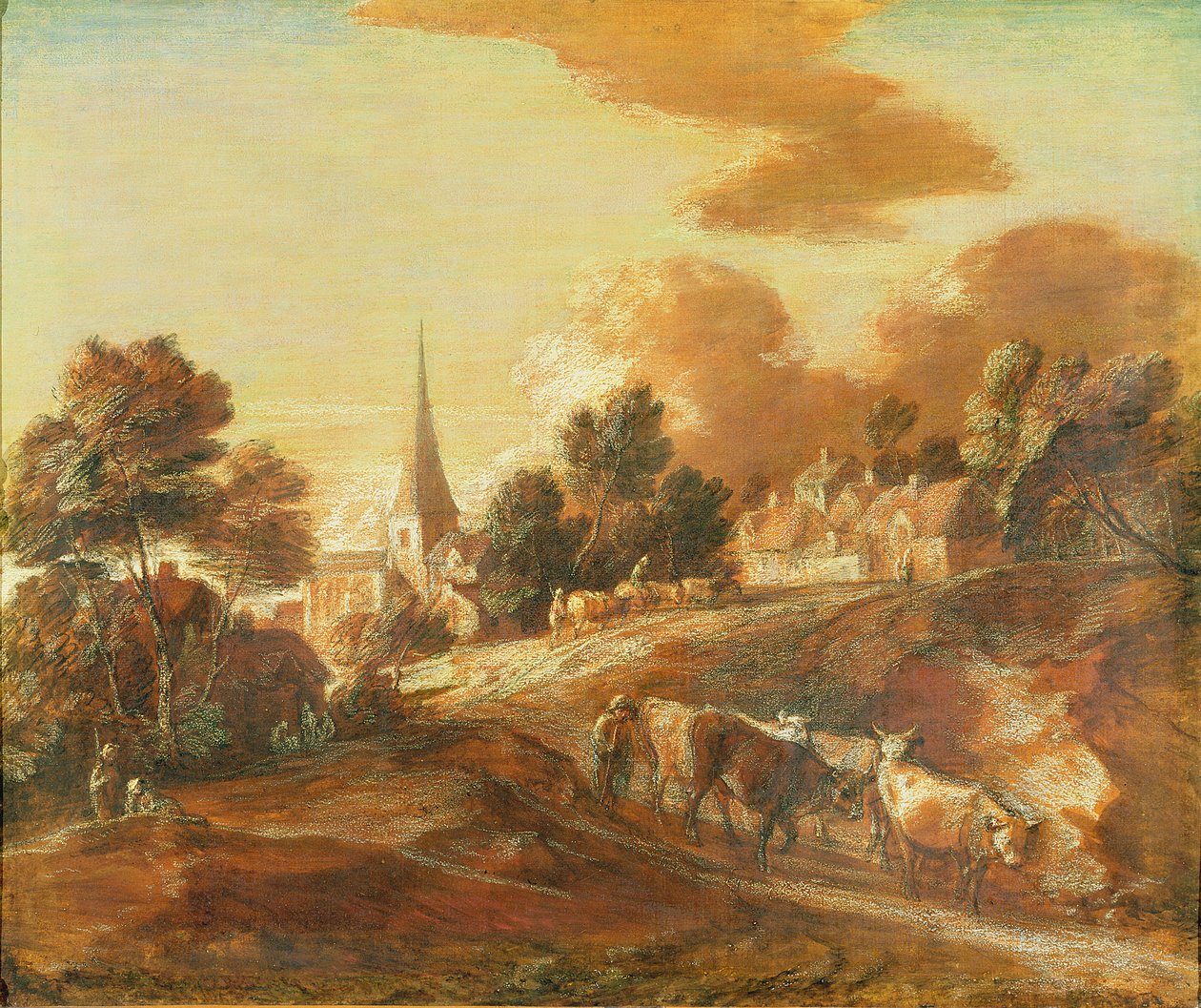 Drovers ve Sığırlarla Hayali Bir Ormanlık Köy, c.1771-72 (tuval üzerine kağıt üzerine yağlı boya ve karışık teknik) by Thomas Gainsborough