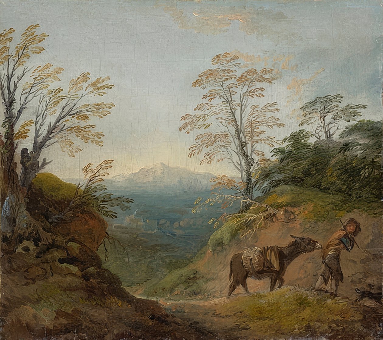 Bir eşeğe ve bir köpeğe liderlik eden bir çocuğun ve binaların ve uzak tepelerin geniş bir panoramasının olduğu ormanlık bir manzara. 1760