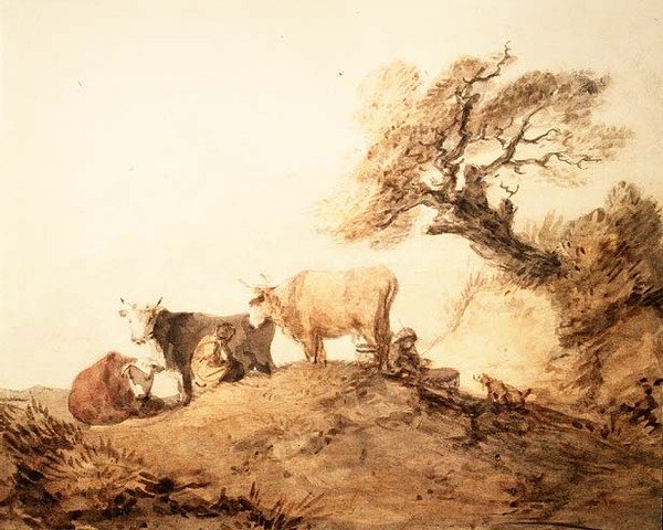 Bir Ağacın Altında Sığır ve Köpek (suluboya) by Thomas Gainsborough