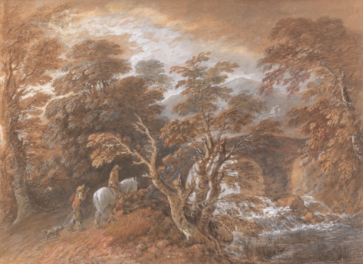 Bir Köprüye Yaklaşan Figürlerle Tepelik Manzara by Thomas Gainsborough