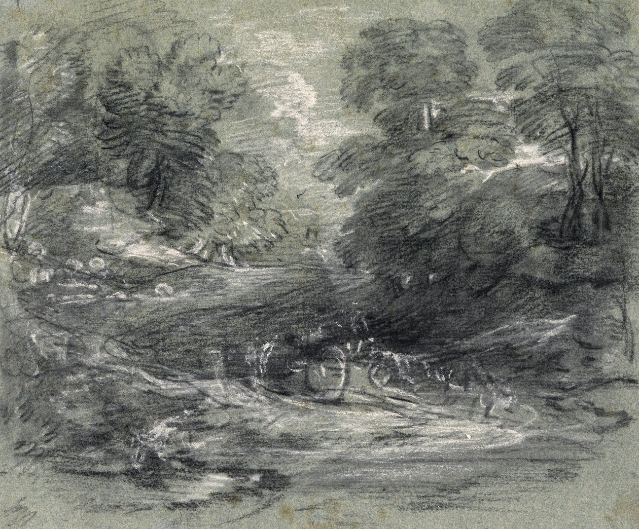 Ağaçlar Arasında Dolambaçlı Bir Yolda Çiftlik Arabasıyla Manzara (kağıt üzerine karakalem ve guaş) by Thomas Gainsborough