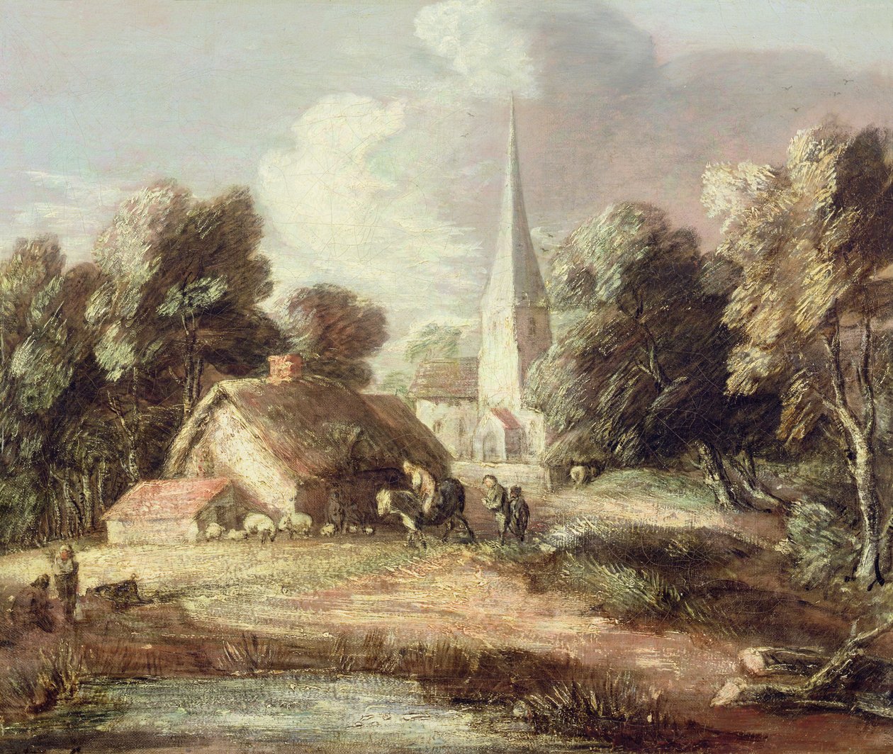 Kilise, Kulübe, Köylüler ve Hayvanlarla Manzara, c.1771-2 (siyah tebeşirle tuval üzerine yağlıboya) by Thomas Gainsborough