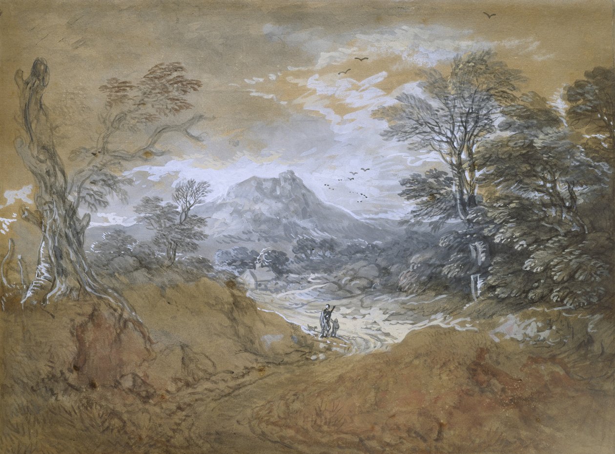 Bir Ağacın Kenarında Bir Yol ile Manzara, 1760-65 (kahverengi kağıt üzerinde grafit üzerinde soluk göstergeler üzerine suluboya ve gövde rengi) by Thomas Gainsborough