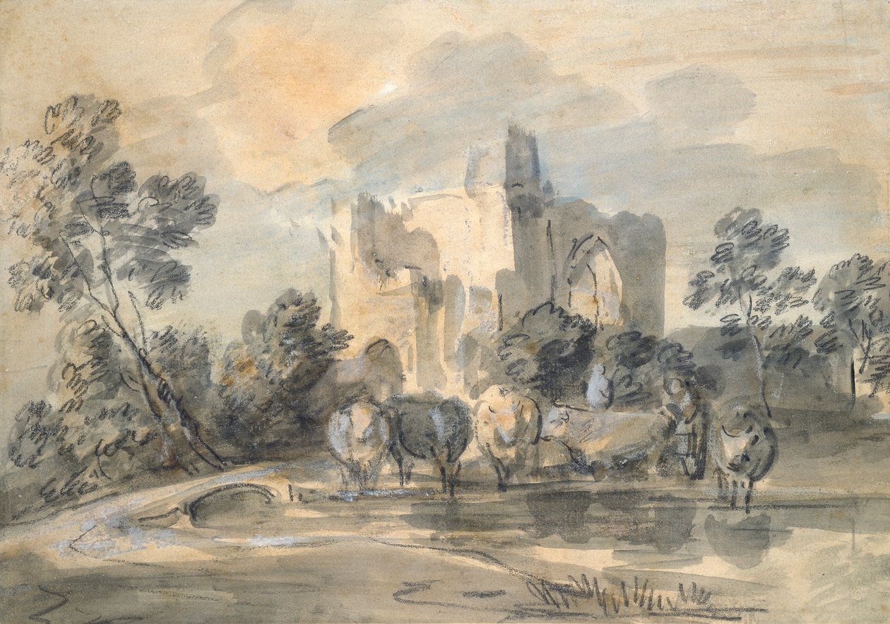 Yıkılmış bir Kale ile Manzara ve Havuz Kenarında Sığır, c1770s by Thomas Gainsborough