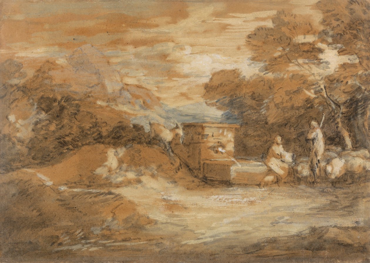 Figürler, Koyun ve Çeşme ile Dağ Manzarası by Thomas Gainsborough