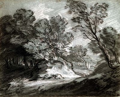 No.0975 Uzak bir dağın olduğu ağaçlık manzara (mavi kağıt üzerine tebeşir) by Thomas Gainsborough