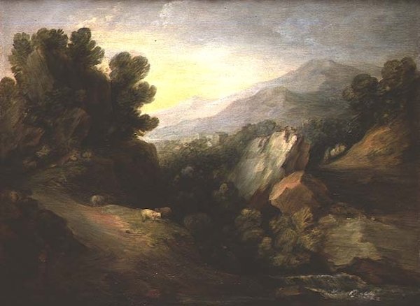 Bir şelale tarafından koyun ile kayalık ormanlık manzara by Thomas Gainsborough