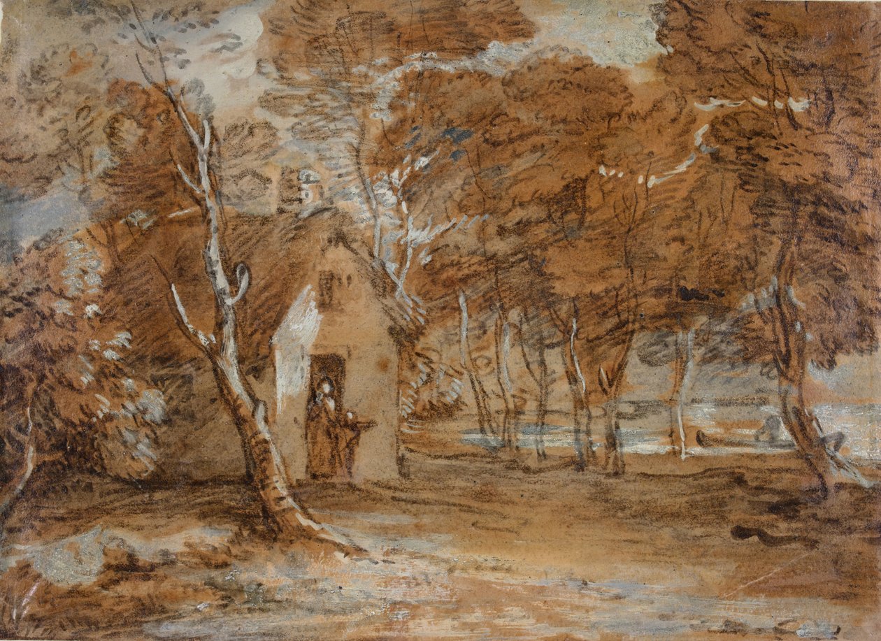 Ormanlık Peyzaj, Kulübe, Figürler ve Gölde Tekne, 1783-1785. by Thomas Gainsborough