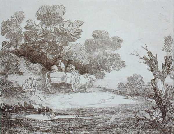 Ormanlık Peyzaj, Köy Arabası ve Figürler (gravür) by Thomas Gainsborough