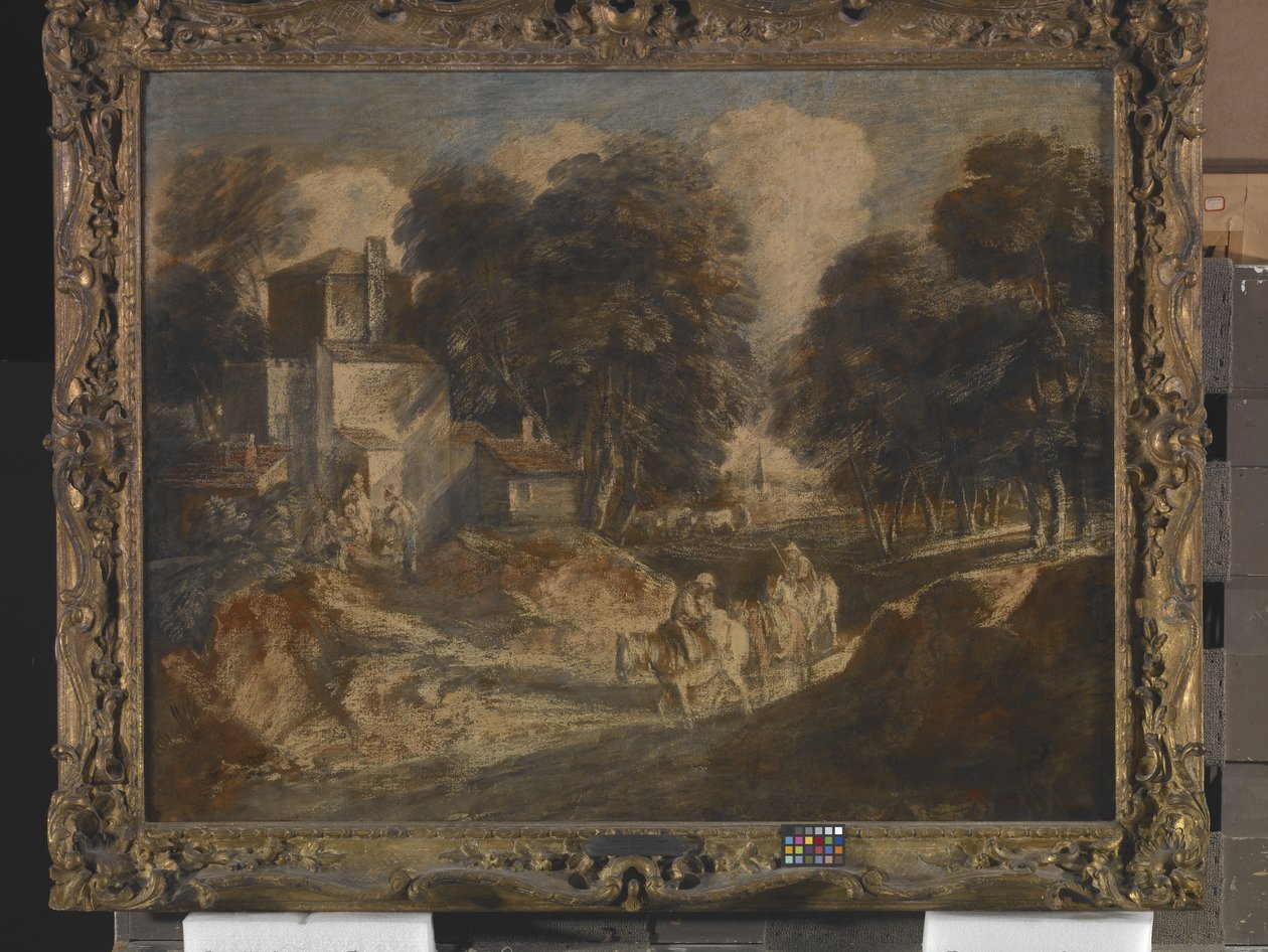 Atlı Köylülerle Ormanlık Manzara (tuval üzerine monte edilmiş kağıt üzerine mürekkep, kurşun beyazı ve guaş) by Thomas Gainsborough