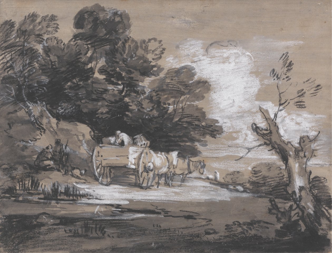 Taşra Arabası ve Figürlerle Ormanlık Manzara by Thomas Gainsborough
