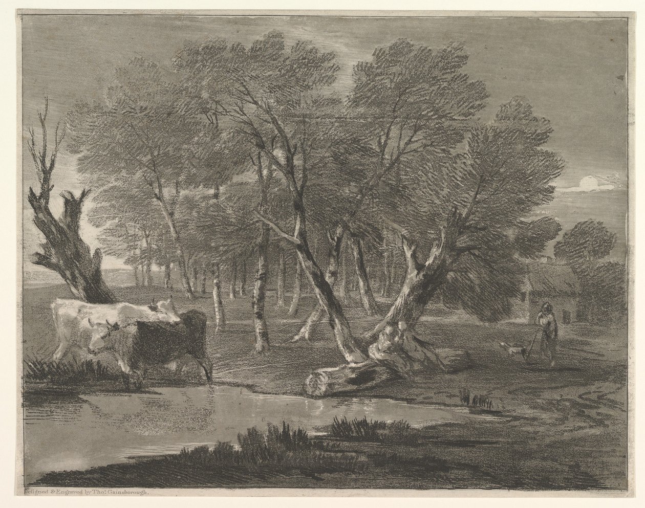 Bir Havuzun Yanında İnekler, Figürler ve Kulübe, 1775-80 ile Ormanlık Peyzaj. by Thomas Gainsborough
