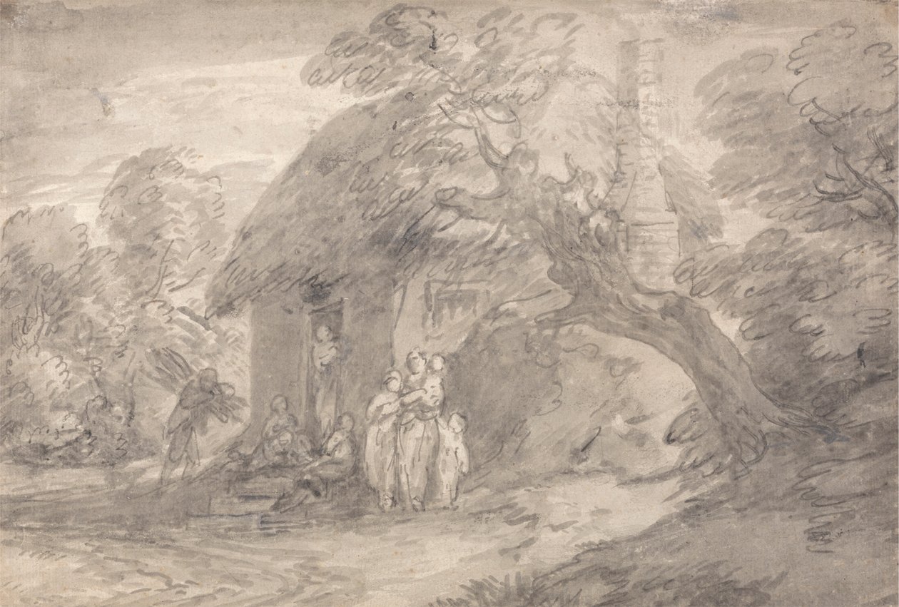 Bir Kulübe Kapısının Dışındaki Figürlerle Ormanlık Manzara by Thomas Gainsborough