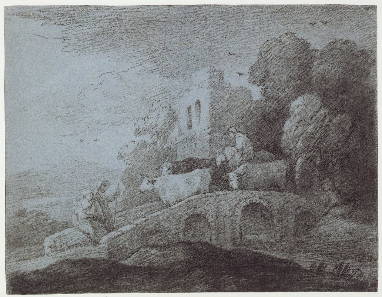 Wooded Landscape with Herdsman Driving Cattle (etching on paper) by Thomas Gainsborough
