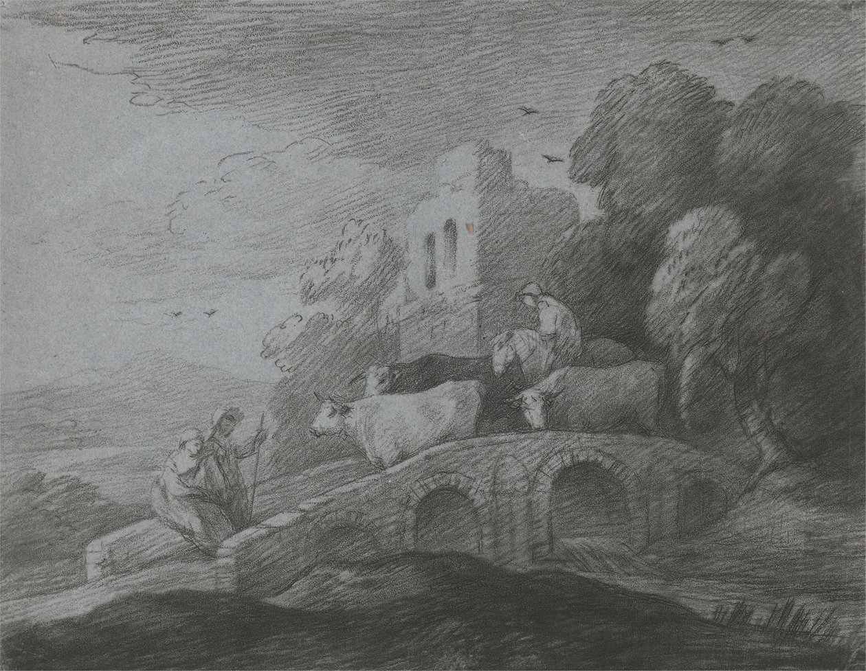 Bir Çobanın Bir Köprü Üzerinden Sığır Sürdüğü Ormanlık Manzara, Rustik Aşıklar ve Yıkık Kale by Thomas Gainsborough