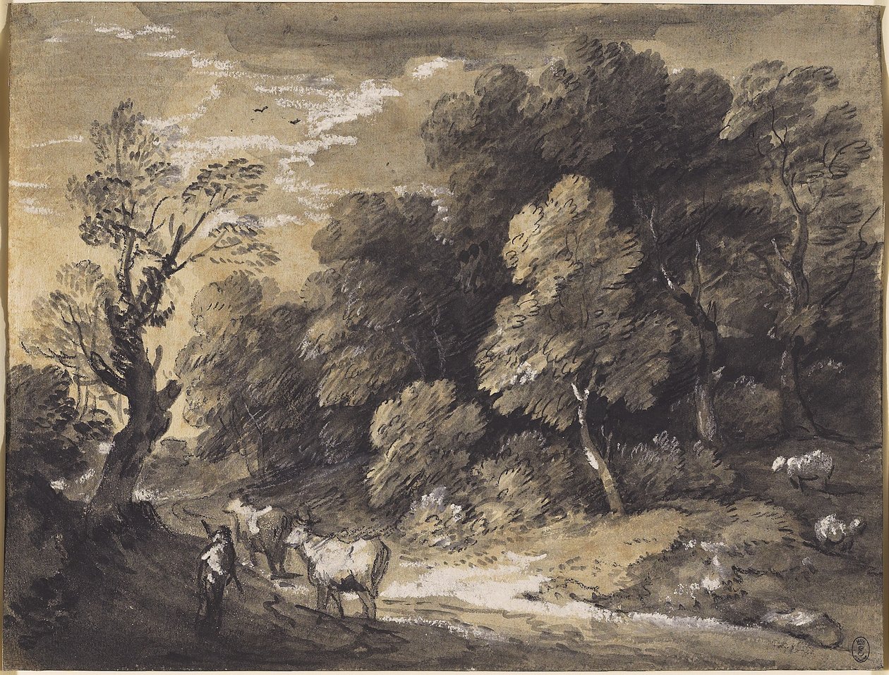 Çoban ve Sığır ile Ormanlık Peyzaj, c.1775-80 (siyah tebeşir ve gri-siyah yıkamalar, serilmiş kağıt üzerinde beyaz guaj ile yükseltilmiş) by Thomas Gainsborough