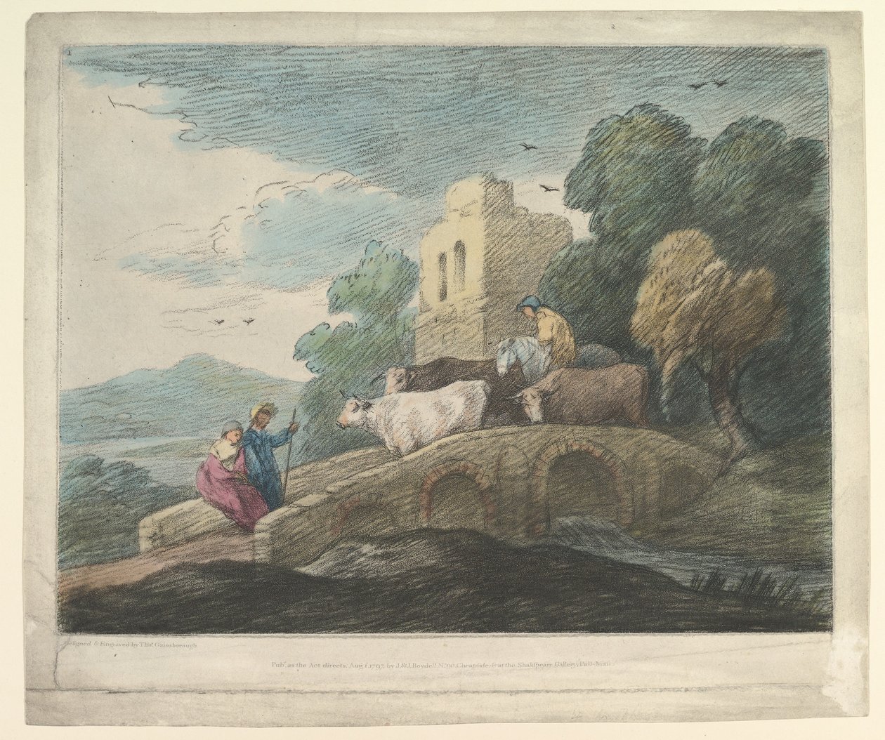 Çobanların Sığırları Köprü Üzerinden Sürdüğü Ormanlık Manzara, Rustik Aşıklar ve Yıkılmış Kale, 1797. by Thomas Gainsborough
