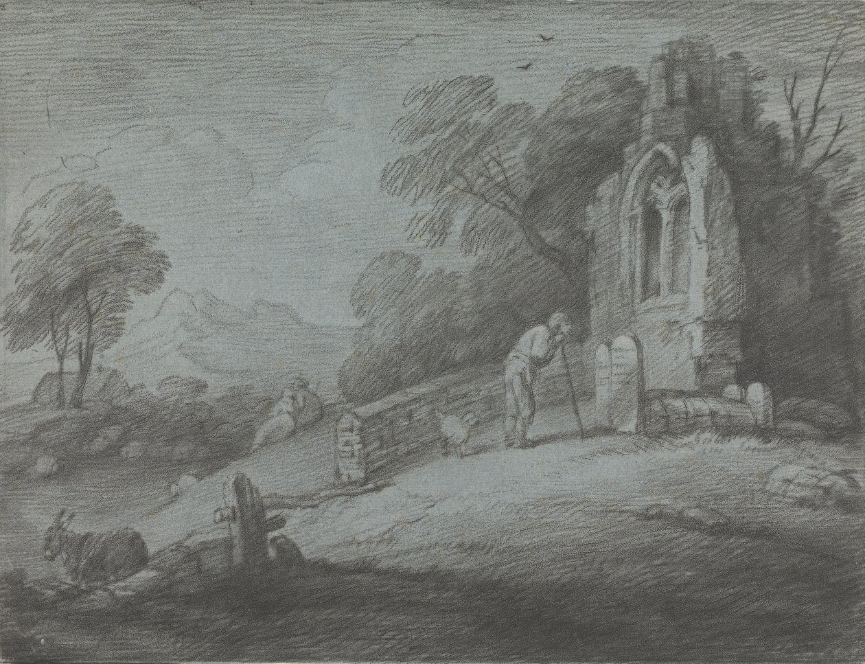 Mezar Taşı Okuyan Köylü, Rustik Aşıklar ve Yıkık Kilise ile Ormanlık Manzara by Thomas Gainsborough