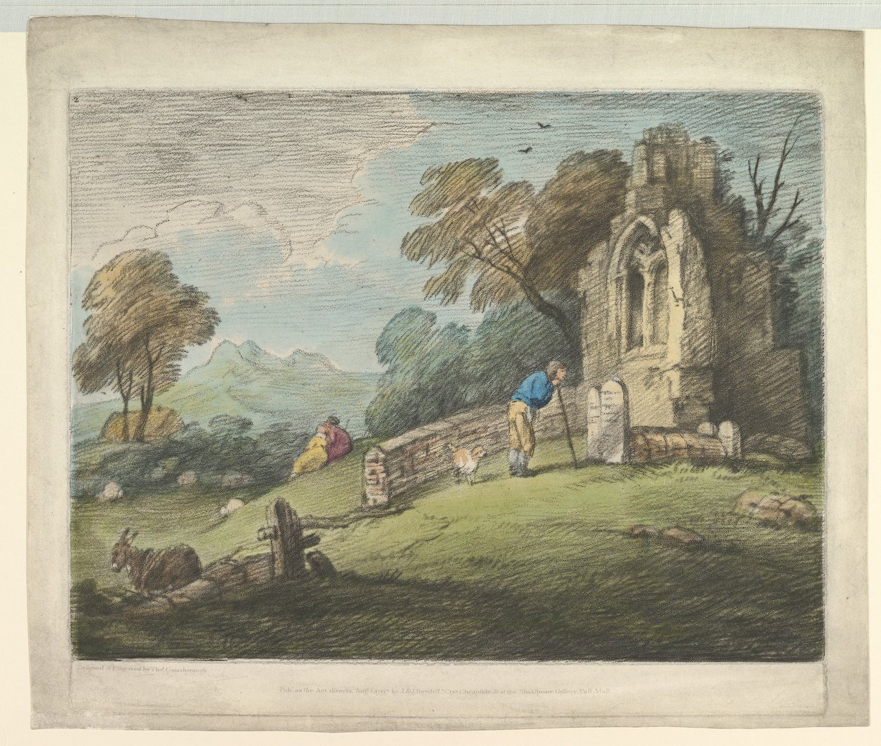 Köylü Okuma Mezar Taşı, Rustik Aşıklar ve Yıkılmış Kilise ile Ormanlık Manzara, 1 Ağustos 1797. by Thomas Gainsborough