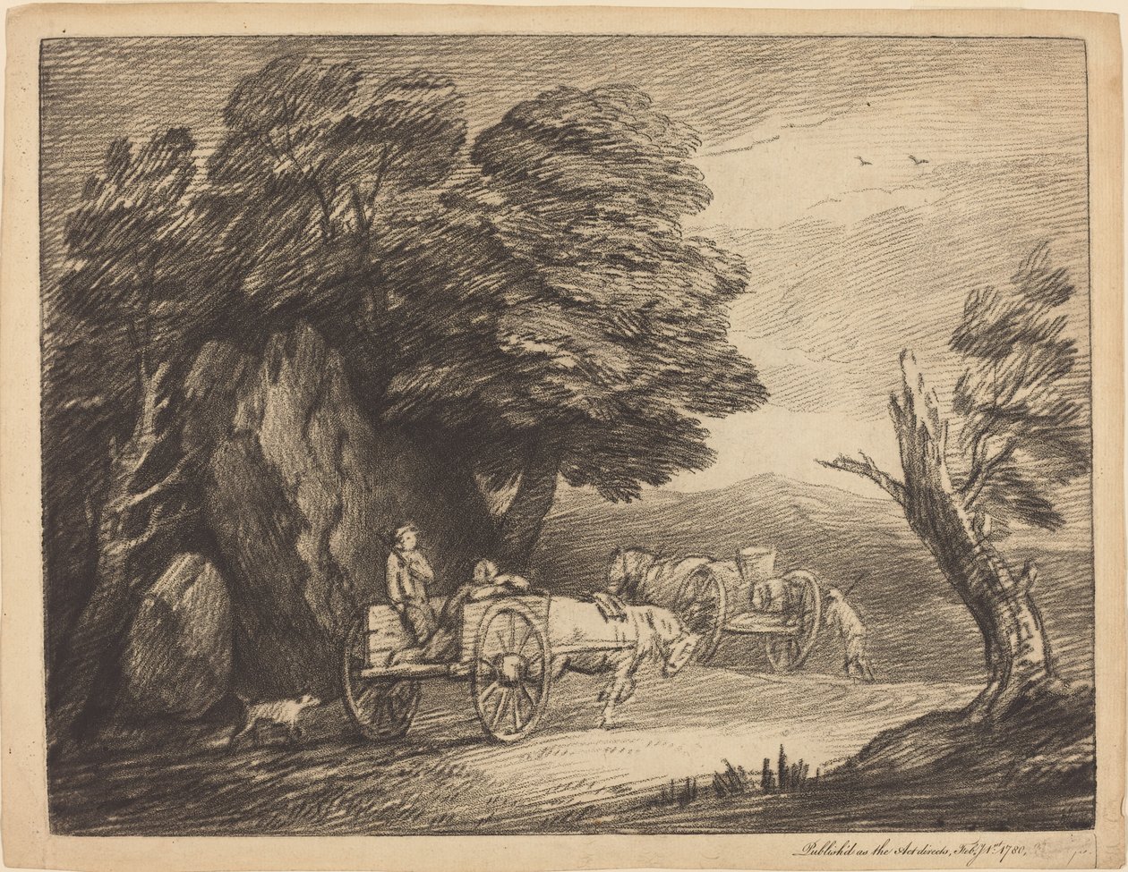 İki Ülke Arabası ve Figürlü Ormanlık Peyzaj by Thomas Gainsborough