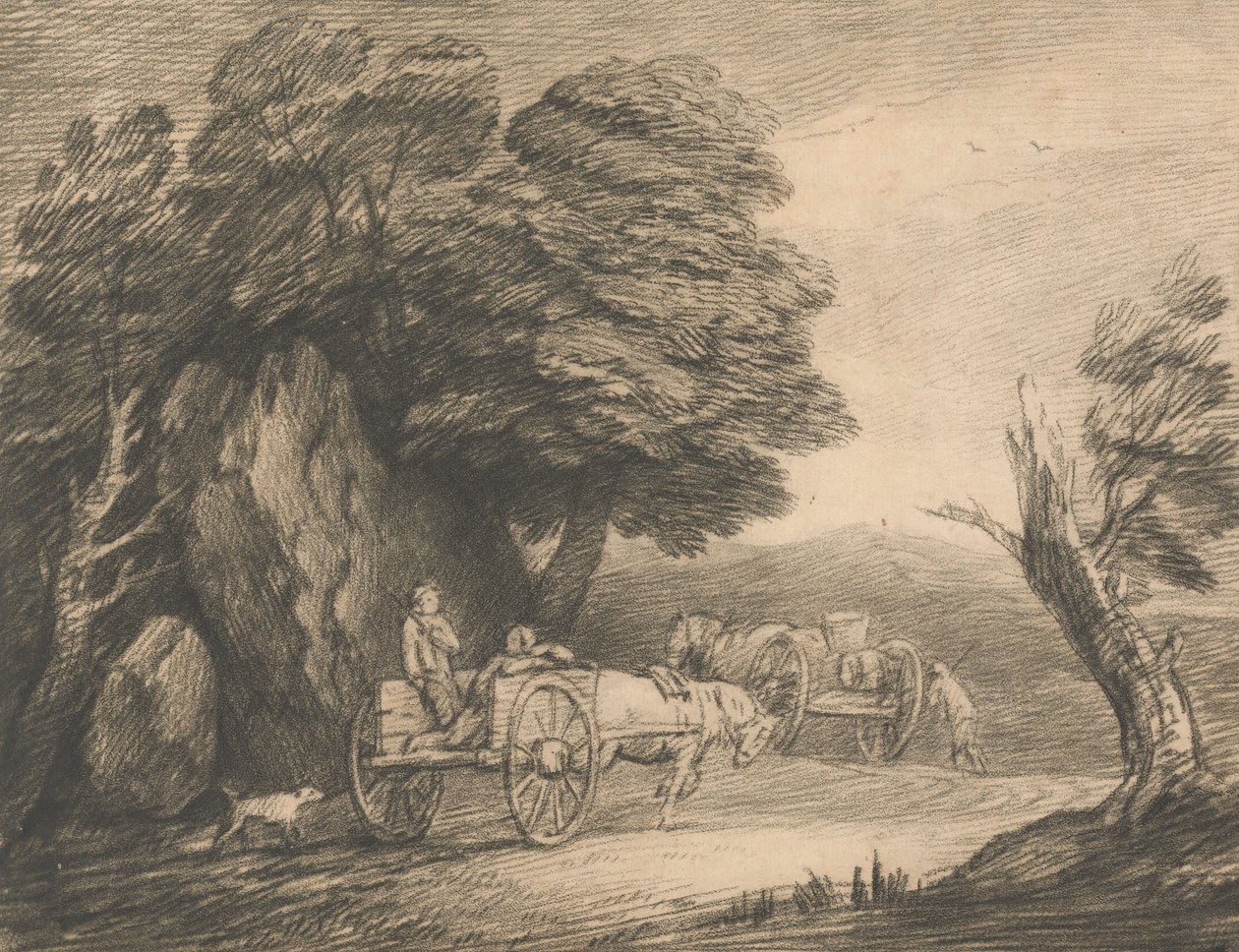 İki Ülke Arabası ve Figürlü Ormanlık Manzara by Thomas Gainsborough
