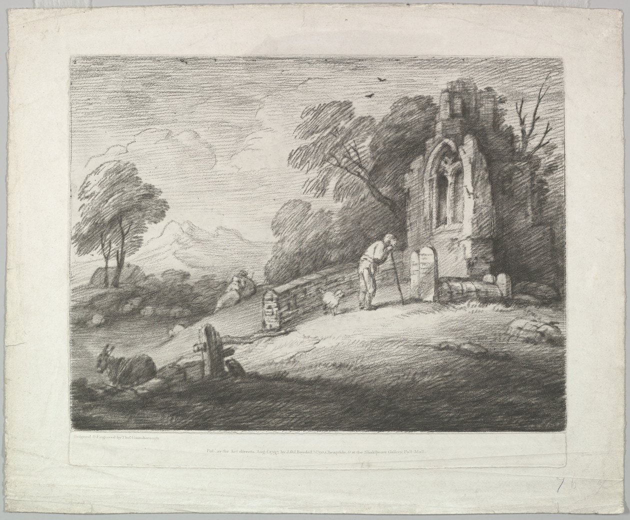 Bir Mezar Taşı Okuyan Köylü, Rustik Aşıklar ve Yıkılmış Bir Köylü ile Ormanlık Manzara ..., 1 Ağustos 1797. by Thomas Gainsborough