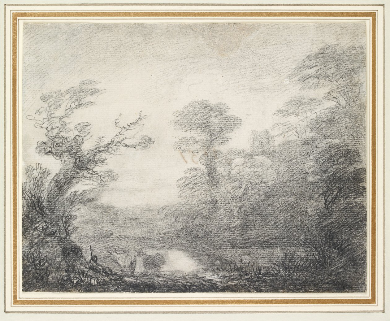 Çoban, inekler ve kilise kulesi ile ormanlık manzara by Thomas Gainsborough