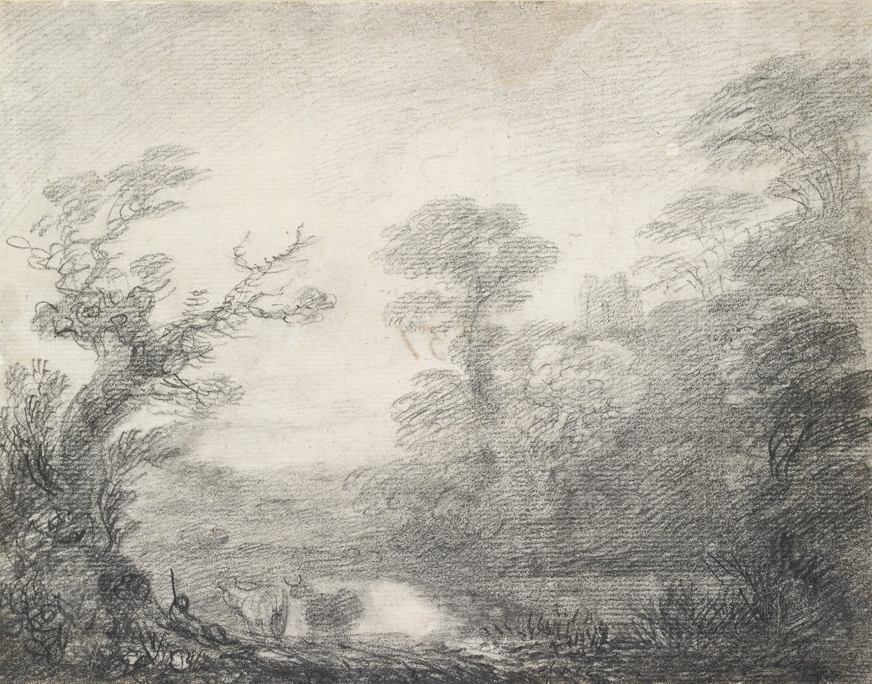 Çoban, inekler ve kilise kulesi ile ormanlık manzara, 1753-1757 by Thomas Gainsborough