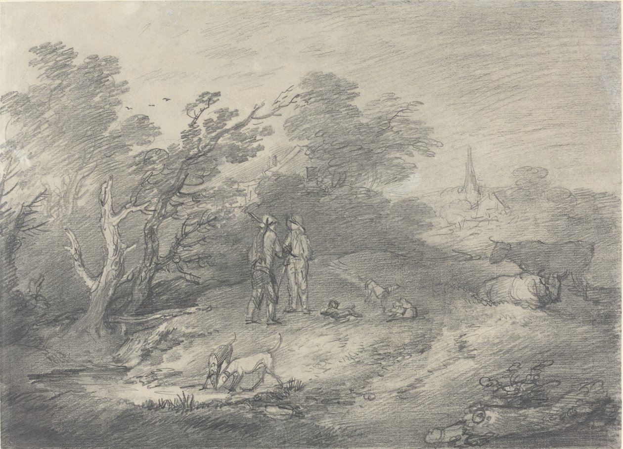 Tavşan Avcıları ve Tazıları Olan Bir Köyün Yakınındaki Orman by Thomas Gainsborough