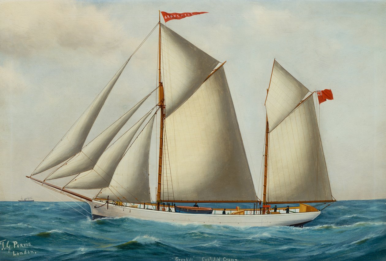 Tam Yelkende Baş ve Kıç Schooner Grovehill (tuval üzerine yağlı boya) by Thomas George Purvis