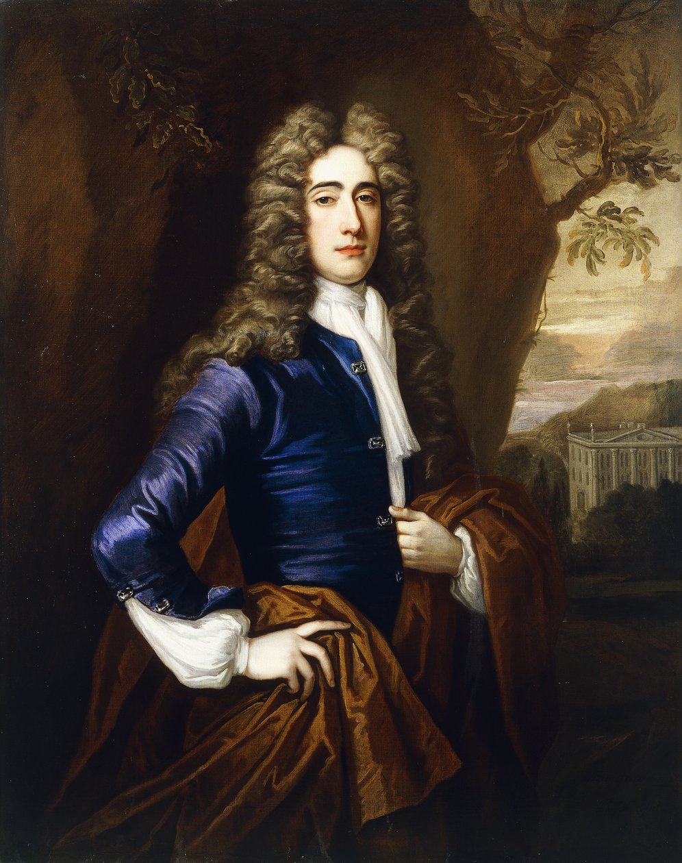 Bir Beyefendinin Portresi, 37 Yaşında, Üç Çeyrek Boylu, Mavi Ceketli ve Kahverengi Pelerinli, Arka Planda Smith of Warwick Tarzında Bir Ev Olan, 1710 by Thomas Gibson