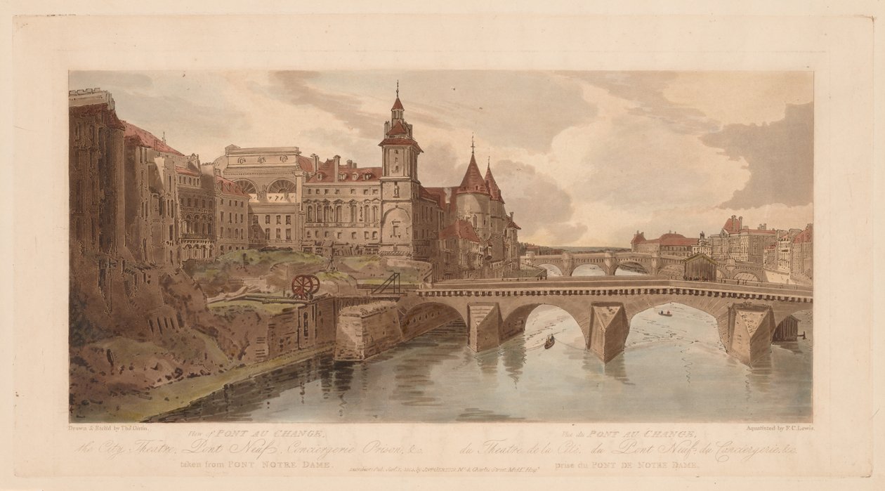 Paris'teki En Güzel Yirmi Manzaradan Bir Seçki: Pont Notre Dame'den alınan Pont au Change, Şehir Tiyatrosu, Pont Neuf, Conciergerie Hapishanesi ve benzeri manzaralar by Thomas Girtin