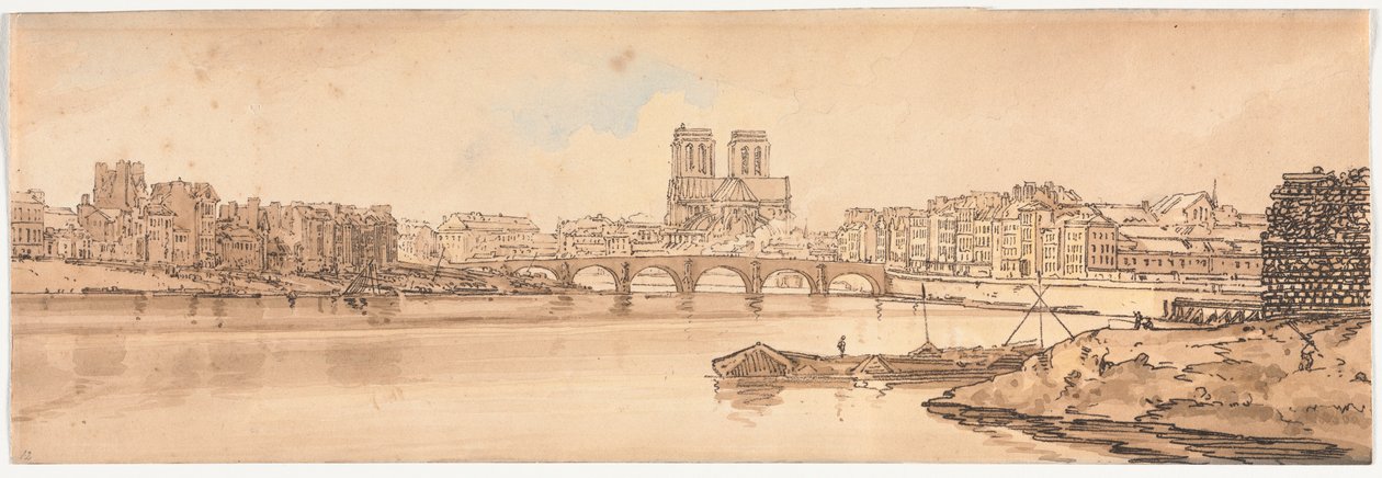 Paris'teki En Pitoresk Manzaralardan Yirmi Bir Seçki: Arsenal'den alınan Pont de la Tournelle ve Notre Dame manzarası by Thomas Girtin