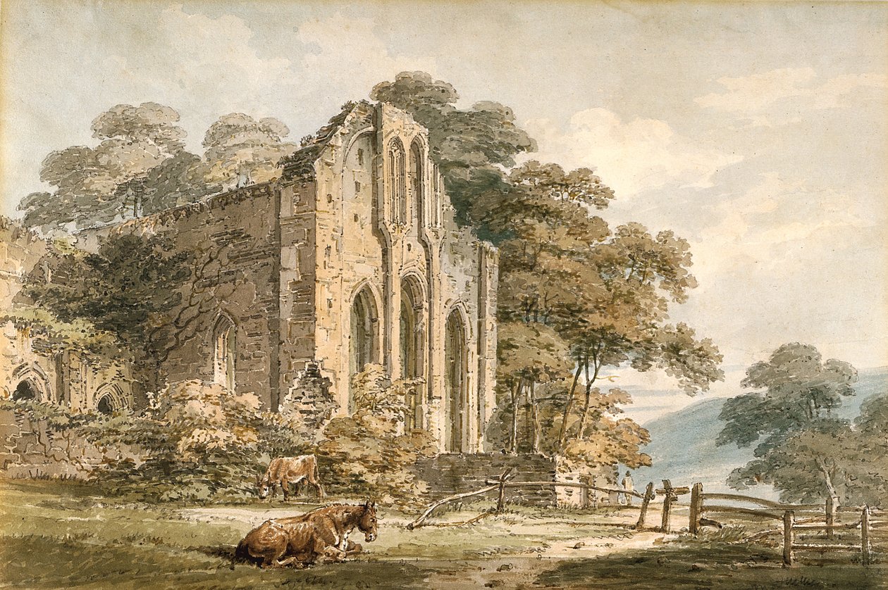 Valle Crucis Abbey, Denbighshire, Kuzey Galler (beyaz dokuma kağıt üzerine kalem üzerine suluboya) by Thomas Girtin